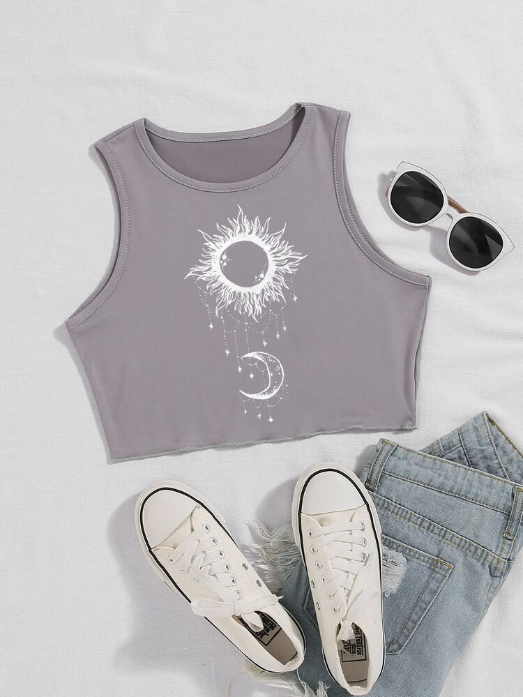 SHEIN Unity Sun And Moon Print Crop Tank Top - Grey - View 1