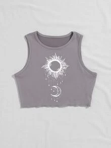 SHEIN Unity Top tank corto con estampado de sol y luna - Gris - Ver 3