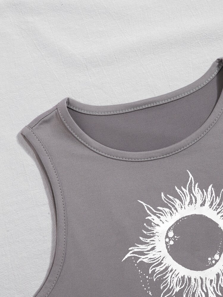 SHEIN Unity Sun And Moon Print Crop Tank Top - Grey - View 4
