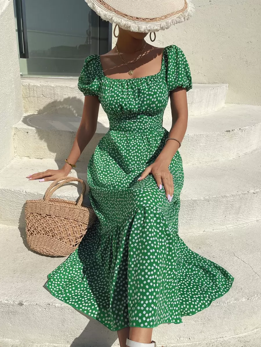 Breezaya 小碎花印花泡泡袖褶皱胸围荷叶边下摆连衣裙超长度假海滩装女款