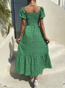 Breezaya 小碎花印花泡泡袖褶皱胸围荷叶边下摆连衣裙超长度假海滩装女款