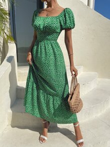 Breezaya 小碎花印花泡泡袖褶皱胸围荷叶边下摆连衣裙超长度假海滩装女款