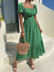 Breezaya 小碎花印花泡泡袖褶皱胸围荷叶边下摆连衣裙超长度假海滩装女款