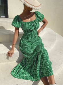 Breezaya 小碎花印花泡泡袖褶皱胸围荷叶边下摆连衣裙超长度假海滩装女款