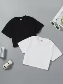 SHEIN Chica Preadolescente 2 Piezas De Camiseta De Punto Acanalado Sólido - Blanco y Negro - Ver 1