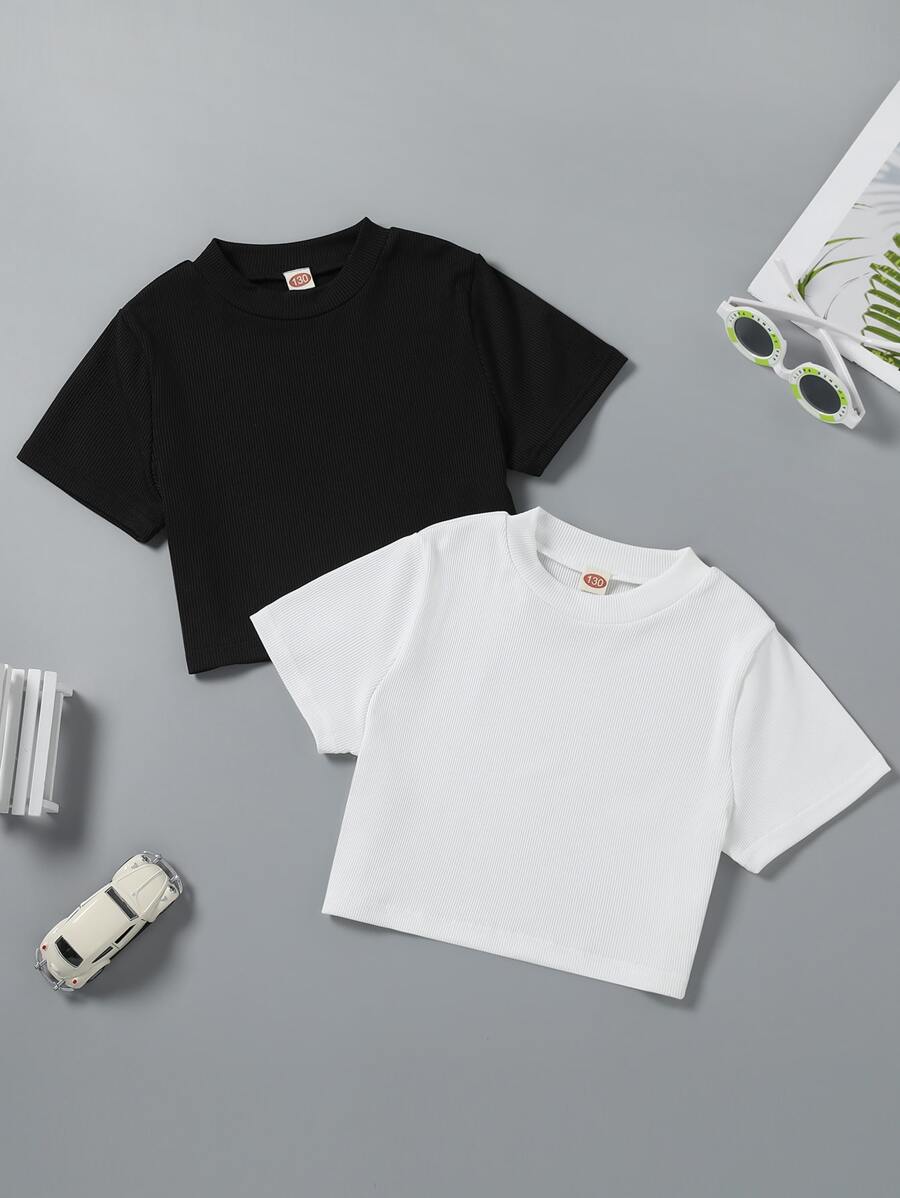 SHEIN Chica Preadolescente 2 Piezas De Camiseta De Punto Acanalado Sólido - Blanco y Negro - Ver 1