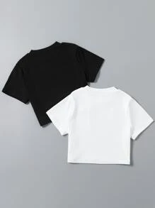 SHEIN Chica Preadolescente 2 Piezas De Camiseta De Punto Acanalado Sólido - Blanco y Negro - Ver 2