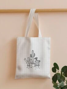 大容量仙人掌圖案購物袋 - 黑與白 - 查看 1