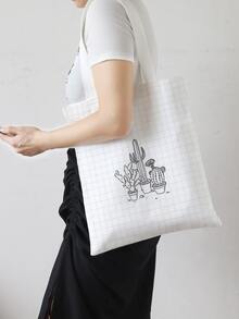 大容量仙人掌圖案購物袋 - 黑與白 - 查看 2