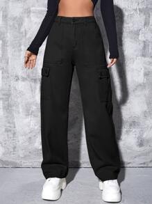 High Waisted Cargo Jeans - Black - View 1