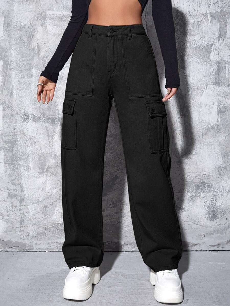 High Waisted Cargo Jeans - Black - View 1