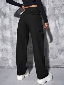 High Waisted Cargo Jeans - Black - View 2