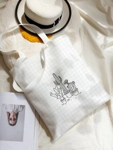 大容量仙人掌圖案購物袋 - 黑與白 - 查看 4