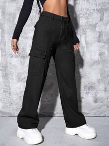 High Waisted Cargo Jeans - Black - View 4