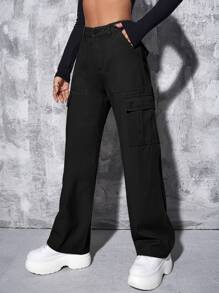High Waisted Cargo Jeans - Black - View 3