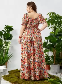 Mulvari 大碼滿版印花打攬木耳邊泡泡袖連衣裙 - 彩色 - 查看 2