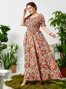 Mulvari 大碼滿版印花打攬木耳邊泡泡袖連衣裙 - 彩色 - 查看 3