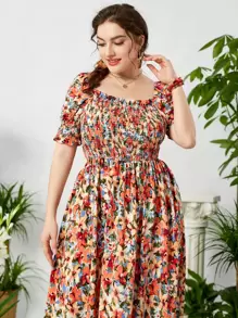 Mulvari 大碼滿版印花打攬木耳邊泡泡袖連衣裙 - 彩色 - 查看 4