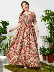 Mulvari 大碼滿版印花打攬木耳邊泡泡袖連衣裙 - 彩色 - 查看 5