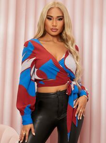 SHEIN SXY 撞色前繫帶短款襯衫 - 彩色 - 查看 1