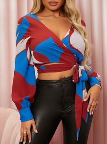 SHEIN SXY 撞色前繫帶短款襯衫 - 彩色 - 查看 3