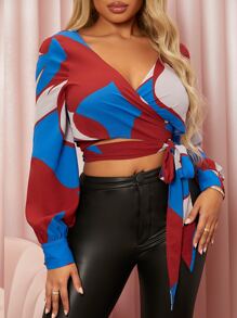 SHEIN SXY 撞色前繫帶短款襯衫 - 彩色 - 查看 4