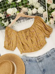 泡泡袖結飾小碎花短款上衣 - 薑色 - 查看 1