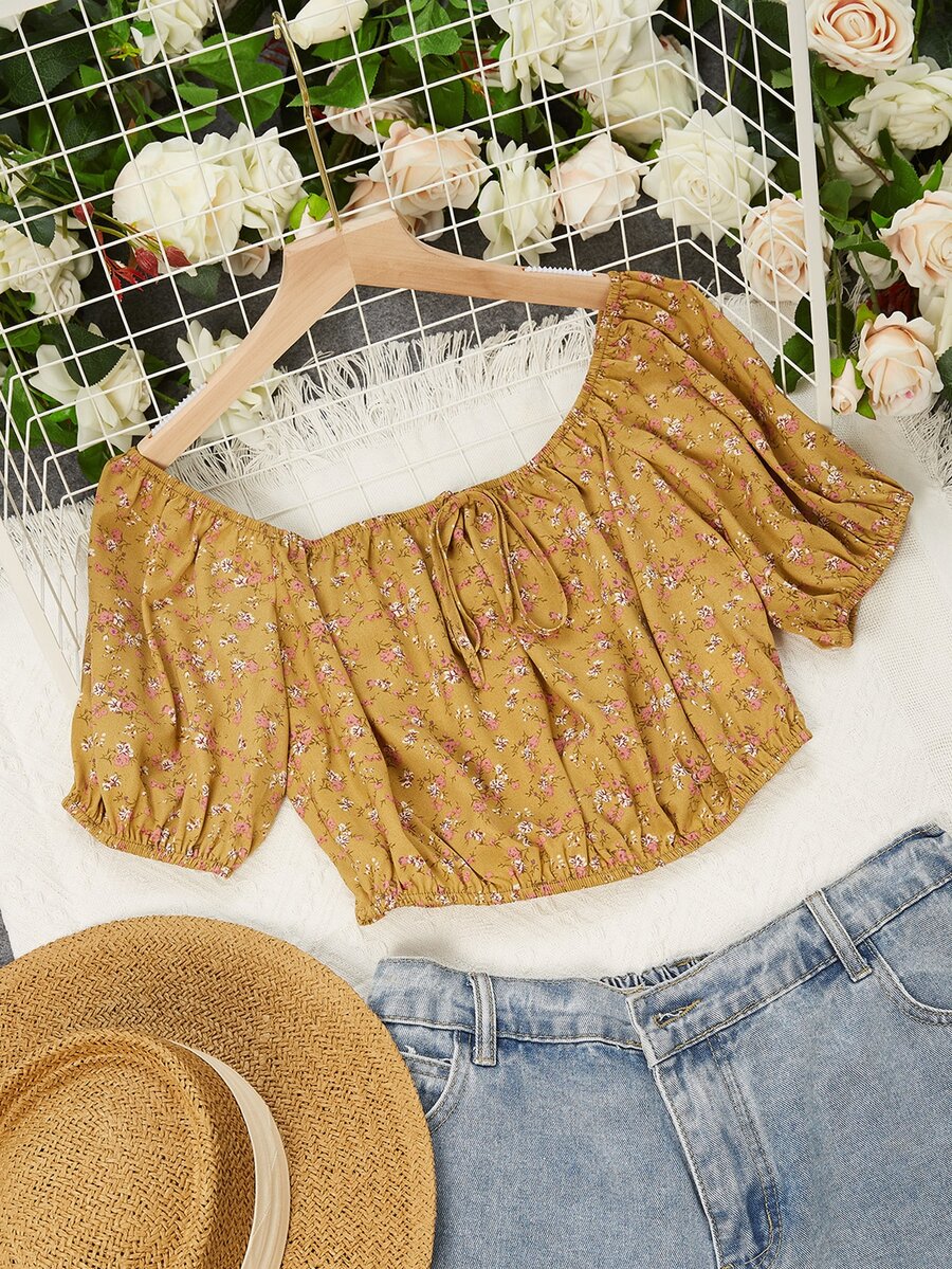 泡泡袖結飾小碎花短款上衣 - 薑色 - 查看 1