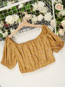 泡泡袖結飾小碎花短款上衣 - 薑色 - 查看 2