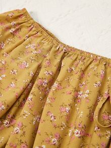 泡泡袖結飾小碎花短款上衣 - 薑色 - 查看 3