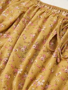 泡泡袖結飾小碎花短款上衣 - 薑色 - 查看 5