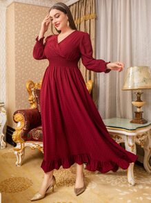 Modelyn 勃艮第红加瑞士圆点褶皱灯笼袖荷叶边下摆连衣裙 - 酒紅色 - 查看 1