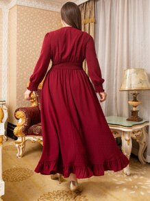 Modelyn 勃艮第红加瑞士圆点褶皱灯笼袖荷叶边下摆连衣裙 - 酒紅色 - 查看 2