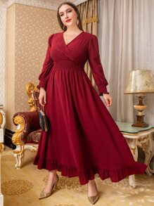 Modelyn 勃艮第红加瑞士圆点褶皱灯笼袖荷叶边下摆连衣裙 - 酒紅色 - 查看 3