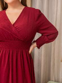 Modelyn 勃艮第红加瑞士圆点褶皱灯笼袖荷叶边下摆连衣裙 - 酒紅色 - 查看 4