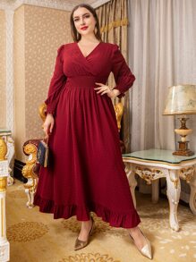 Modelyn 勃艮第红加瑞士圆点褶皱灯笼袖荷叶边下摆连衣裙 - 酒紅色 - 查看 5