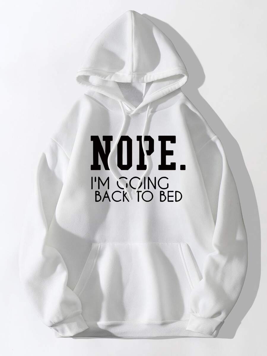 SHEIN EZwear Slogan Graphic Kangaroo Pocket Thermal Lined Drawstring Hoodie - White - View 1