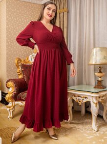 Modelyn 勃艮第红加瑞士圆点褶皱灯笼袖荷叶边下摆连衣裙 - 酒紅色 - 查看 6