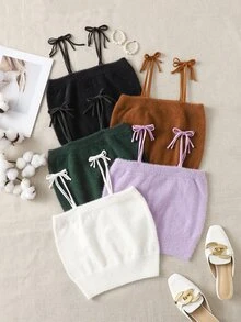 5pcs Tie Shoulder Fuzzy Cami Knit Top - Multicolor - View 2