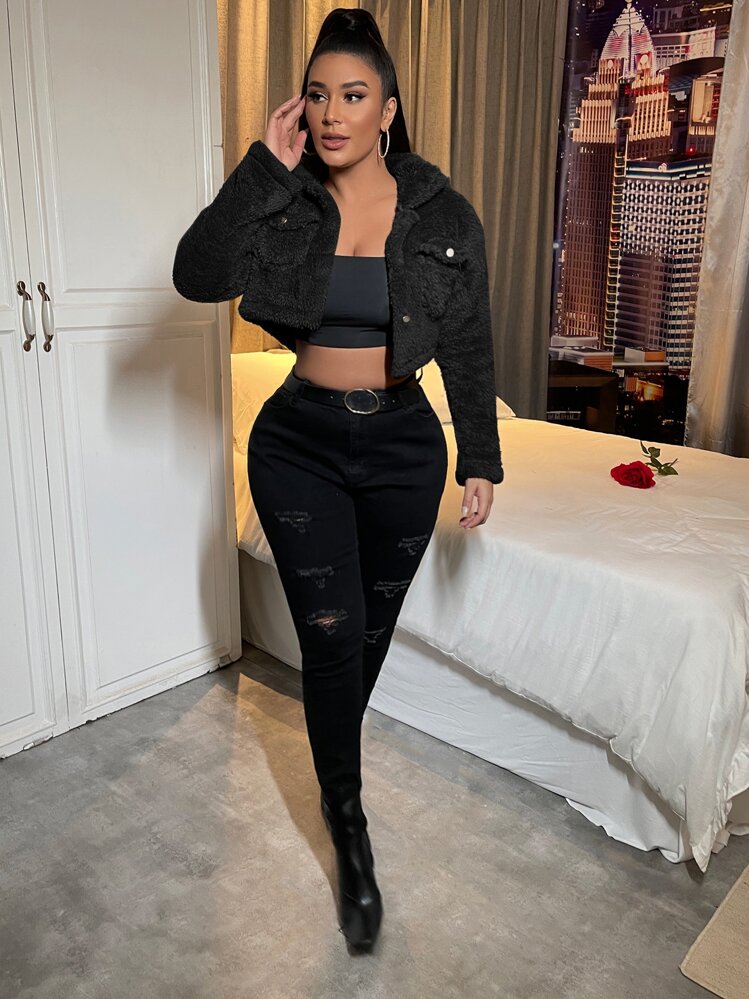 SHEIN SXY Flap Pocket Teddy Crop Jacket In Fall/Winter - Black - View 4