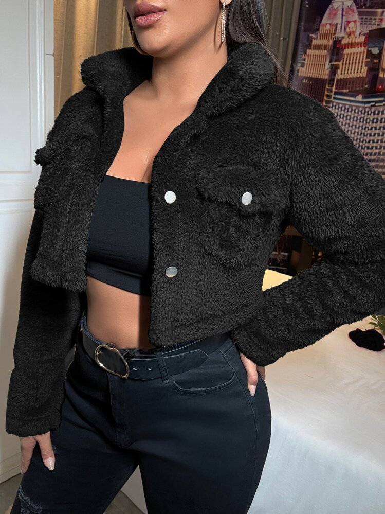 SHEIN SXY Flap Pocket Teddy Crop Jacket In Fall/Winter - Black - View 5