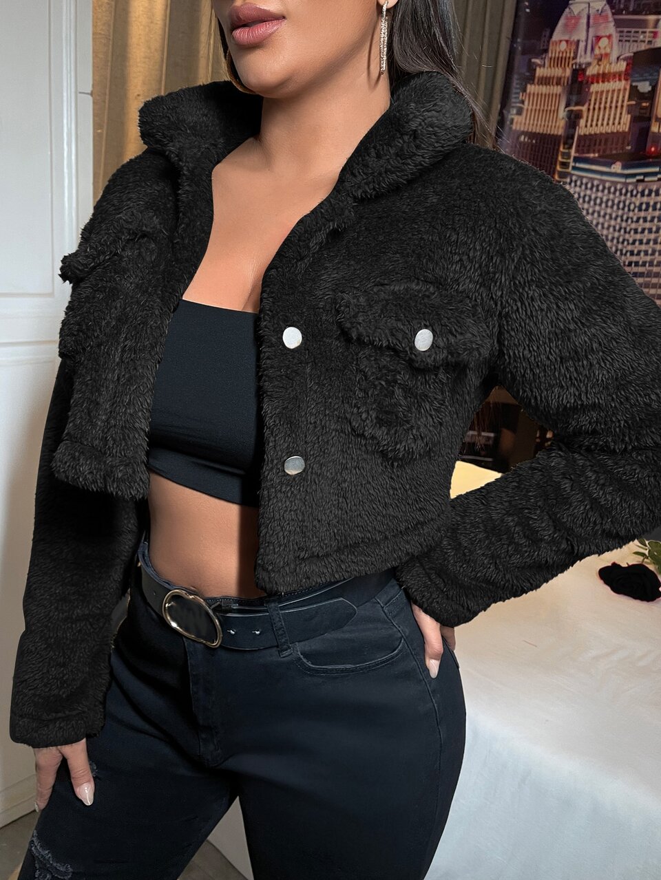 Flap Pocket Teddy Crop Jacket In Fall/Winter