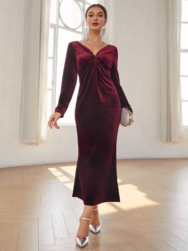 twist front long sleeve velvet fit & flare dress Vince Camuto Velvet Twist-Front Dress