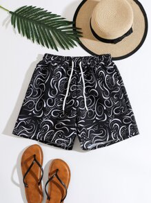 Shorts con estampado de cintura con cordón - Negro - Ver 1