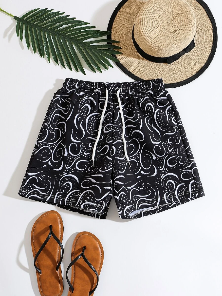 Shorts con estampado de cintura con cordón - Negro - Ver 1