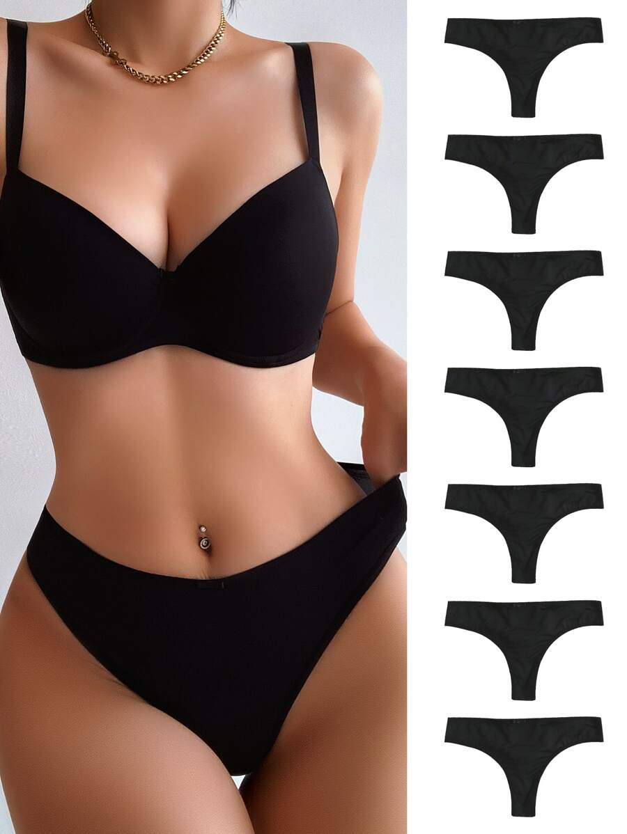 NudeFit 女士黑色高弹力纯色露背丁字裤多件装，适合休闲舒适穿着 - 黑色 - 查看 1