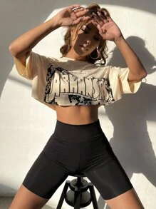 SHEIN Unity Letter Graphic Raw Hem Tee - Beige - View 1