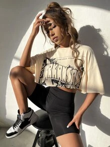 SHEIN Unity Letter Graphic Raw Hem Tee - Beige - View 3