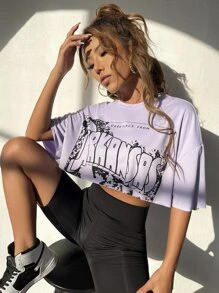 SHEIN Unity 字母圖案落肩袖短款T恤 - 紫丁香色 - 查看 4
