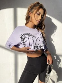 SHEIN Unity 字母圖案落肩袖短款T恤 - 紫丁香色 - 查看 5